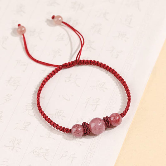 Buddha Stones Natürliche Erdbeerquarz Kristall Liebe Rote Schnur Weben Armband Fußkettchen