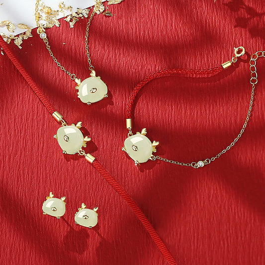 Buddha Stones 925 Sterling Silver Year of the Dragon Natural Hetian Jade Red Agate Cute Dragon Protection Success Bracelet Necklace Pendant Earrings