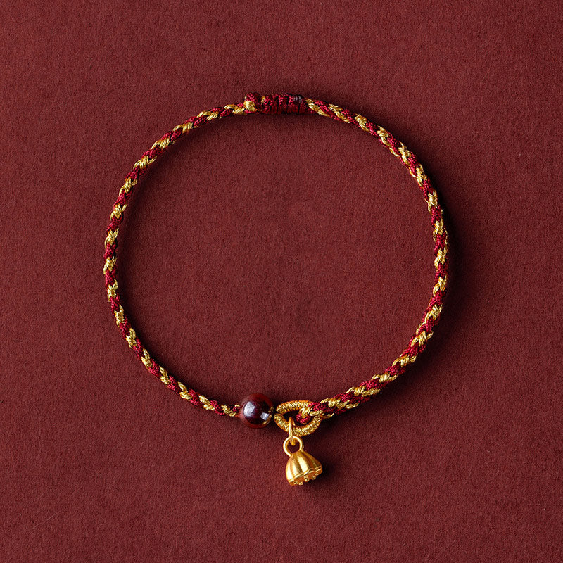 Pulsera trenzada con dije de paz y alegría de loto, hecha a mano con piedras de Buda y cuerda de oro rojo 