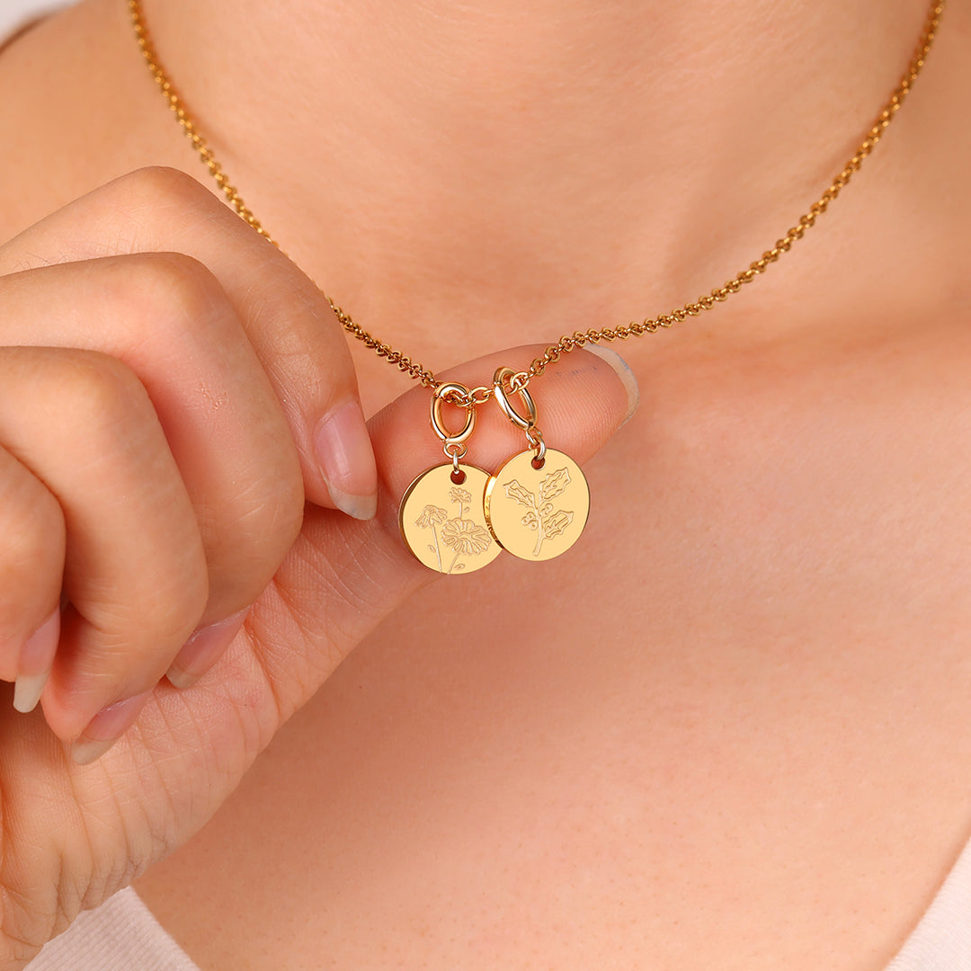 Engraved Birth Flower Disc Charm