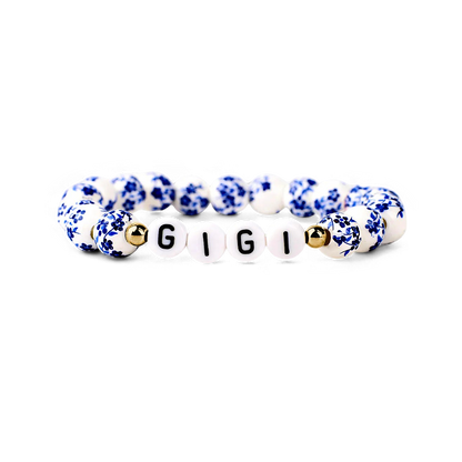 Blaues Porzellan-Armband mit Blumenperlen für Mama und Oma