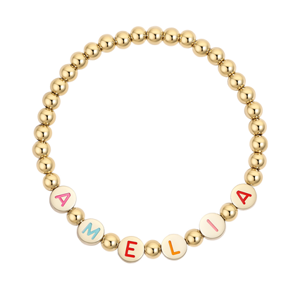Custom Rainbow Letter Gold Disc Bead Bracelet