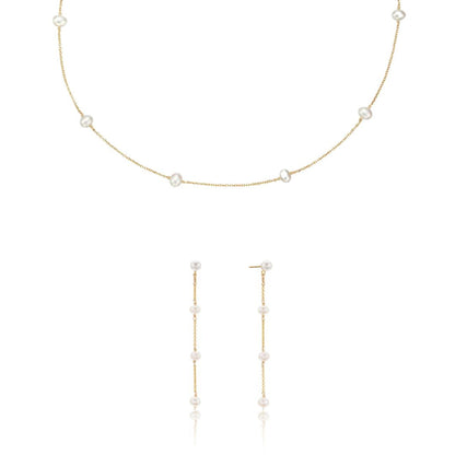 Gold Four Pearl Drop Earrings and Ten Pearl Choker Gift Set