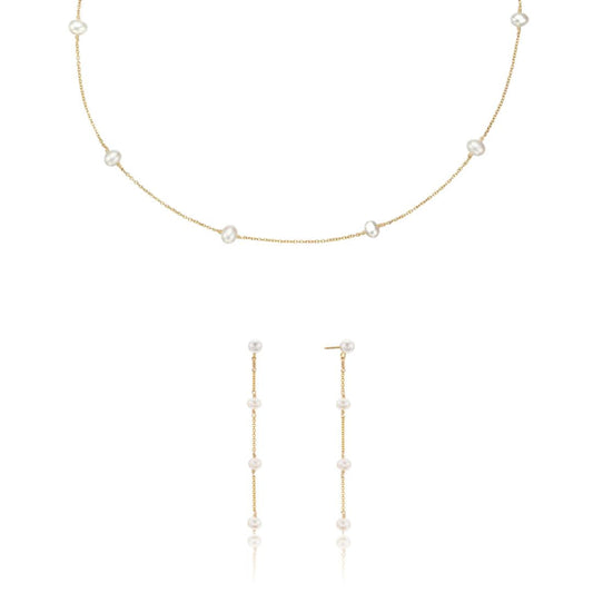 Gold Four Pearl Drop Earrings and Ten Pearl Choker Gift Set