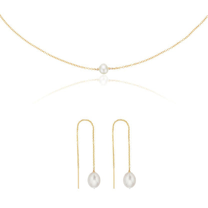Gold Large Pearl Drop Ear Threaders and Single Pearl Choker Gift Set