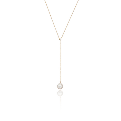 Gold Single Diamond Style Pearl Lariat Necklace