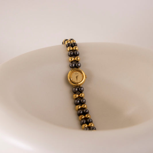 Vintage Seiko Beaded Black Gold Watch