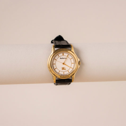 Vintage Burberrys Bold Black Strap Gold Watch