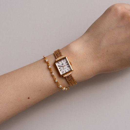Vintage Rosemont Swiss Pave Rectangular Gold Watch