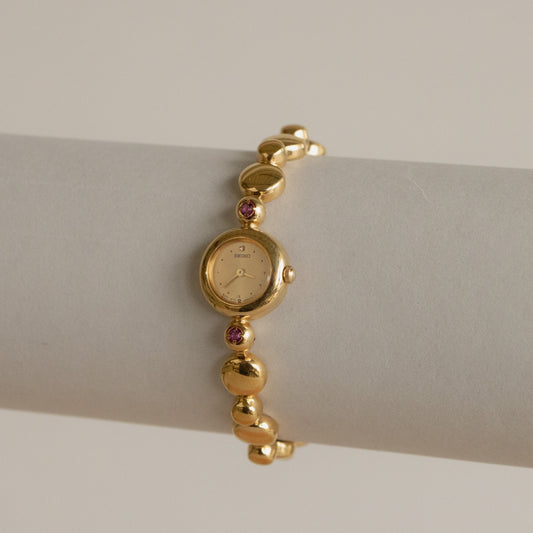 Vintage Seiko Beaded Ruby Gold Watch
