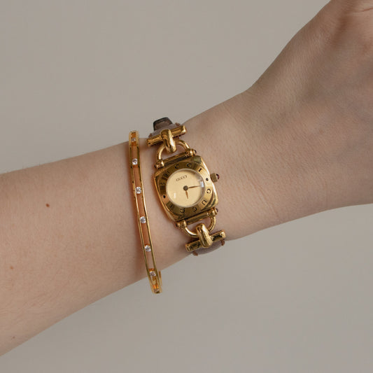 Vintage Gucci Swiss Square Brown Strap Gold Watch