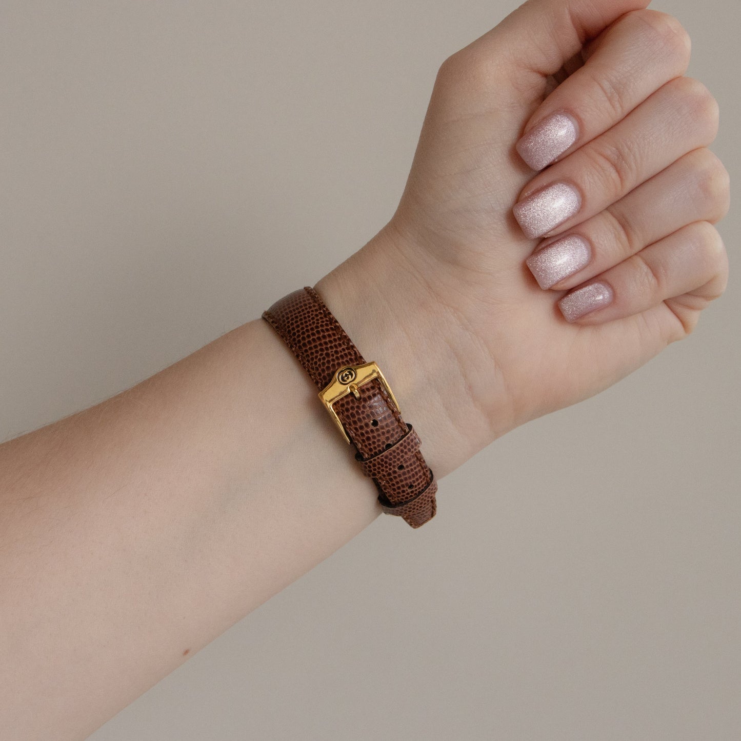 Vintage Gucci Swiss Square Brown Strap Gold Watch