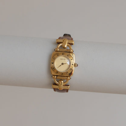 Vintage Gucci Swiss Square Brown Strap Gold Watch