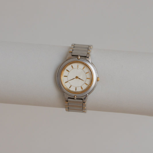 Vintage YSL Round Ribbed Two Tone Watch