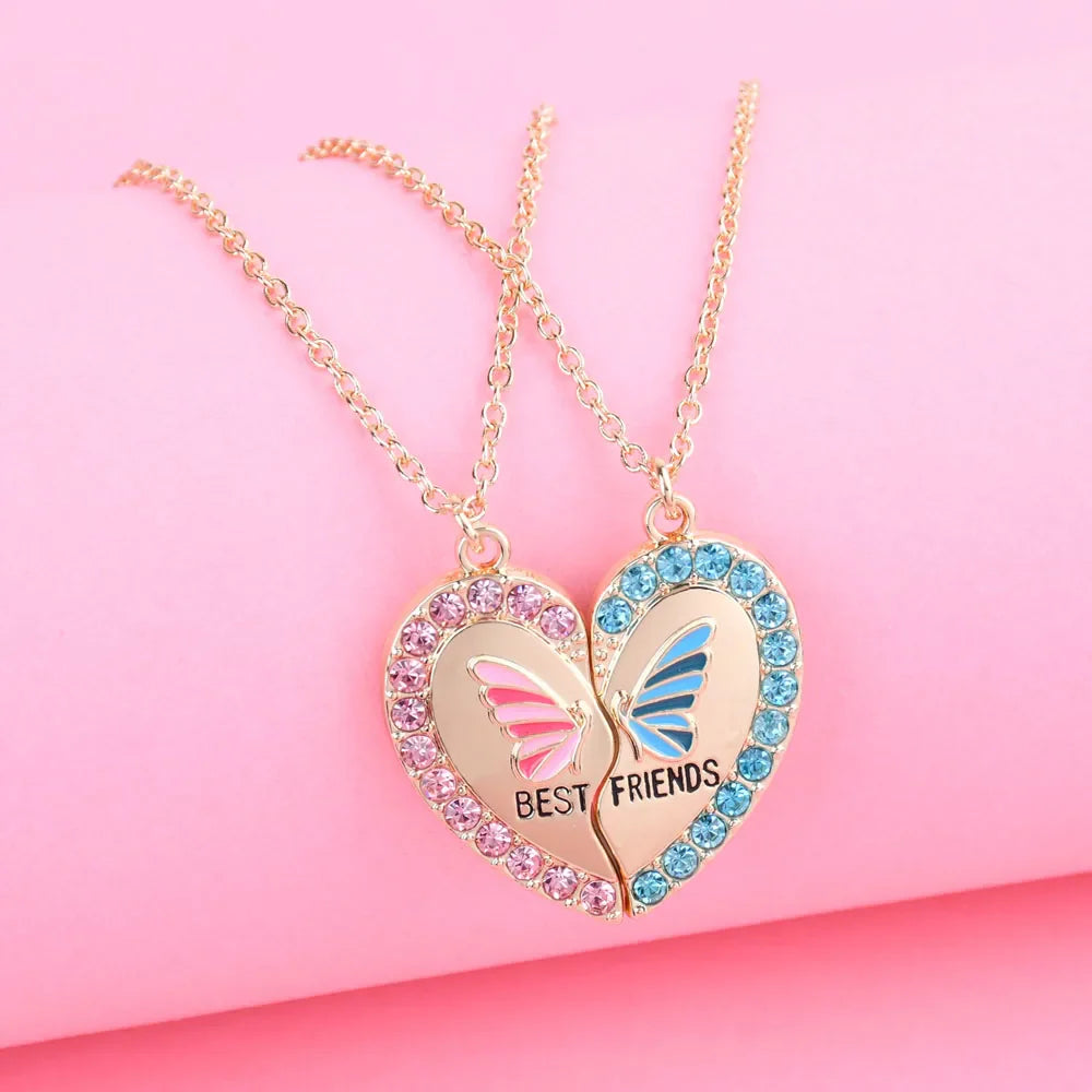2Pcs/Set Rhinestone Heart Broken Butterfly BFF Necklace - Touch Bling