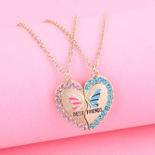 2Pcs/Set Rhinestone Heart Broken Butterfly BFF Necklace - Touch Bling