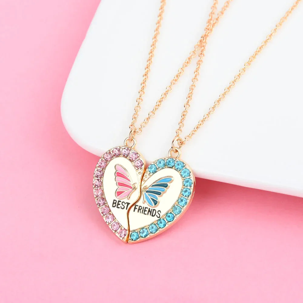 2Pcs/Set Rhinestone Heart Broken Butterfly BFF Necklace - Touch Bling