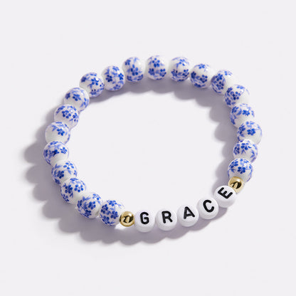Custom Blue Porcelain Floral Beaded Name Bracelet
