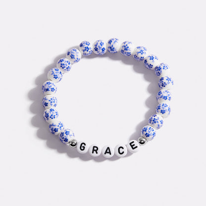 Custom Blue Porcelain Floral Beaded Name Bracelet