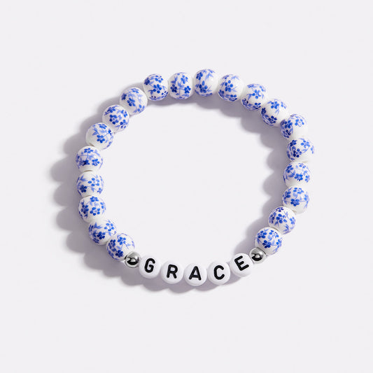 Custom Blue Porcelain Floral Beaded Name Bracelet
