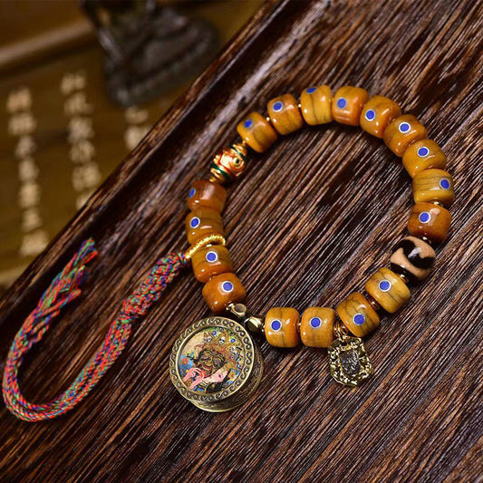 Tibetan Old Silver and Lapis Lazuli Inlaid Bracelet with Small Tangka Pendant – Tibetan Yak Bone Bracelet - Touch Bling