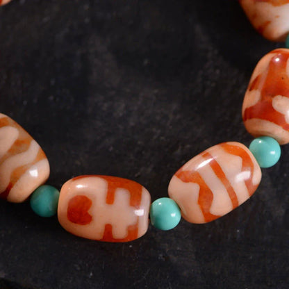 Tibetan Red and White Dzi Beads Bracelet with Turquoise Round Beads Old Agate Bracelet Random Totems
