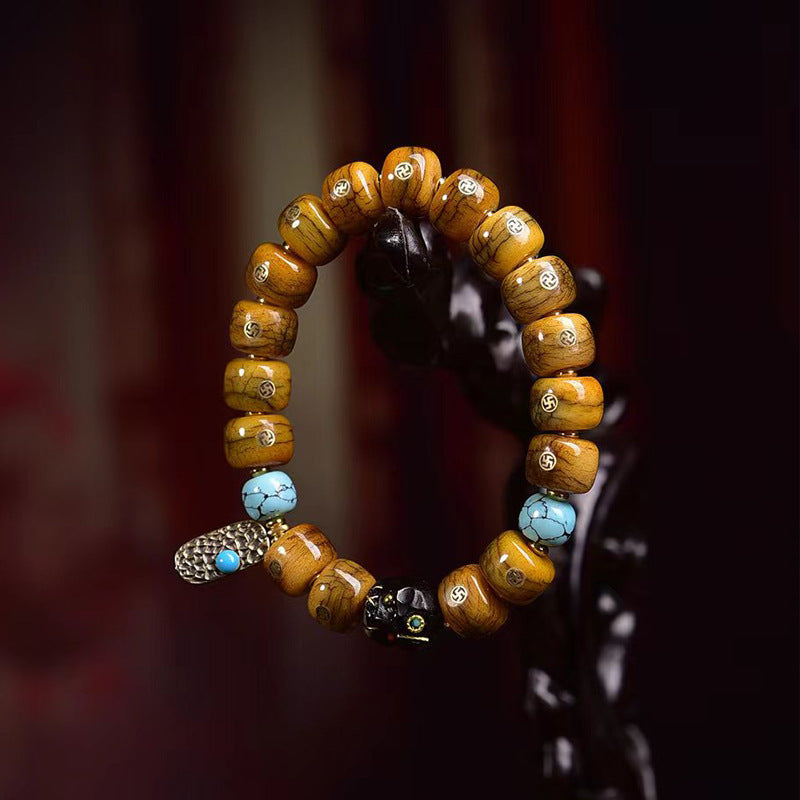 Tibetan-Style Old Copper Swastika Inlay Yak Bone Bracelet – Traditional Handcrafted Design - Touch Bling