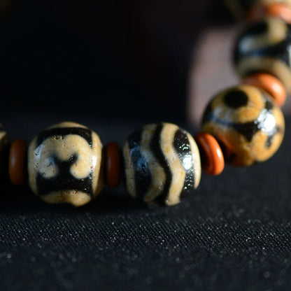 Dallow Dzi Bead Bracelet Tibetan Old Agate Round Beads High Oil Weathered 14mm Men's - Touch Bling