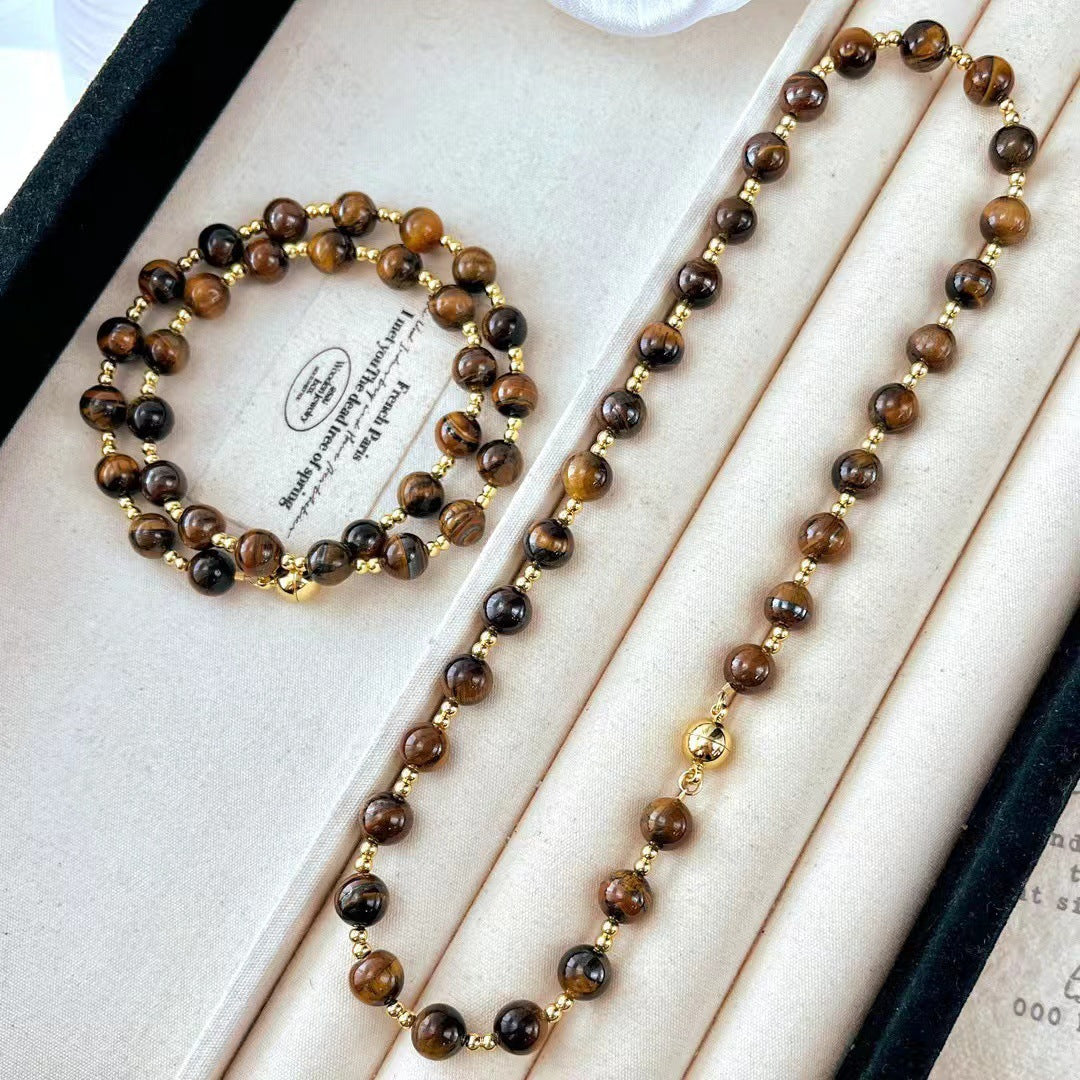 Vintage Boutique 8mm Maillard Style Natural Tiger's Eye Stone Clavicle Chain Necklace - Touch Bling