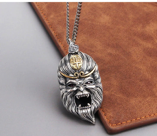 S925 Sterling Silver Sun Wukong Double-Sided Necklace - Buddha and Demon Pendant for Men - Touch Bling