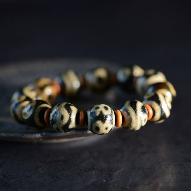 Dallow Dzi Bead Bracelet Tibetan Old Agate Round Beads High Oil Weathered 14mm Men's - Touch Bling