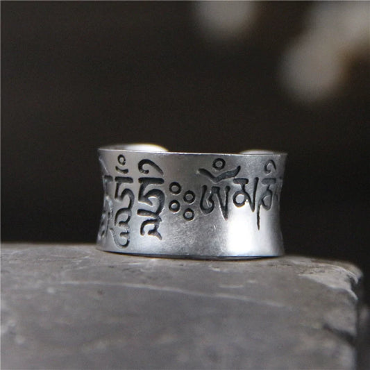 S999 Silver Matte Six-Character Mantra Retro Ring for Men and Women Open-Ring Design - Touch Bling