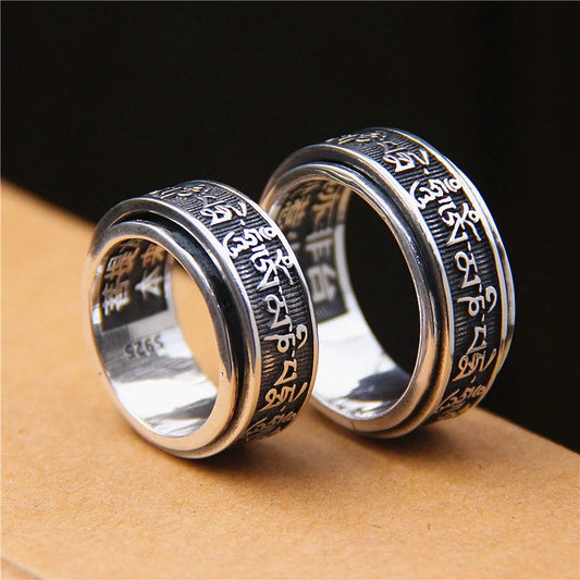 Rotatable Tibetan Sanskrit Six Character Mantra Sterling Silver Ring - Touch Bling