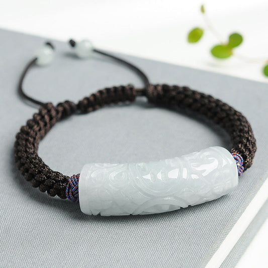 Natural Myanmar Grade A Jade Curved Bar Bracelet – Handmade with Good Fortune and Longevity Carvings - Touch Bling