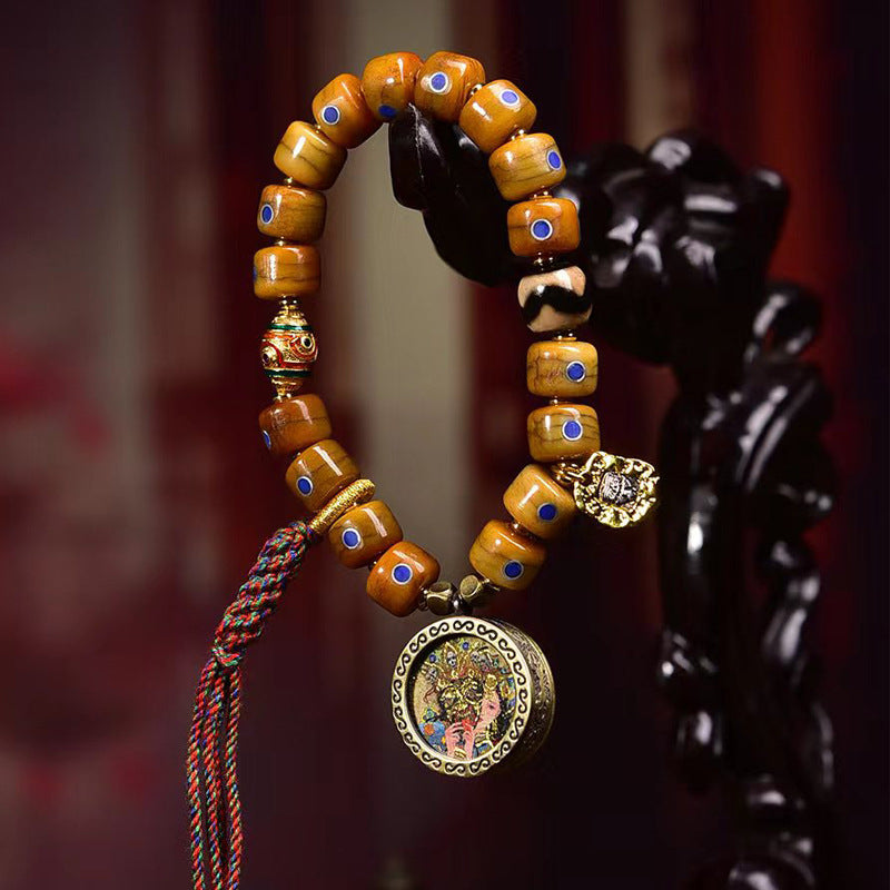 Tibetan Old Silver and Lapis Lazuli Inlaid Bracelet with Small Tangka Pendant – Tibetan Yak Bone Bracelet - Touch Bling