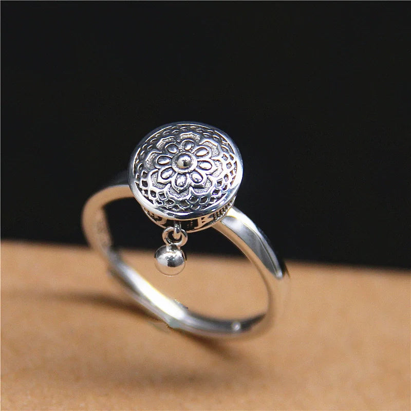 Six-Character Prayer Wheel Mantra Ring S925 Silver Jewelry Opening Adjustable - Touch Bling
