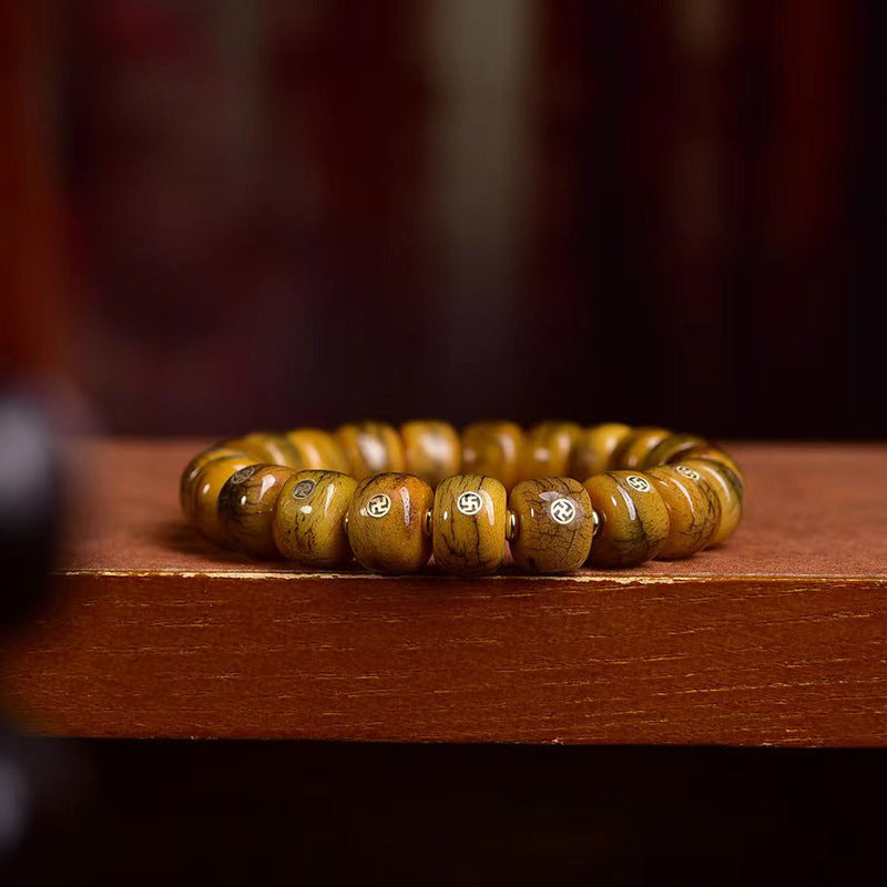 Tibetan-Style Old Copper Swastika Inlay Yak Bone Bracelet – Traditional Handcrafted Design - Touch Bling