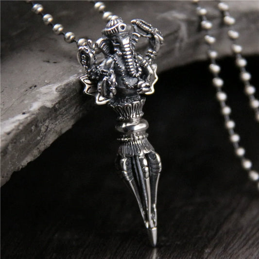 S925 Sterling Silver Personalized Necklace Pendant Elephant Trunk God of Wealth Vajra Pestle Pendant - Touch Bling