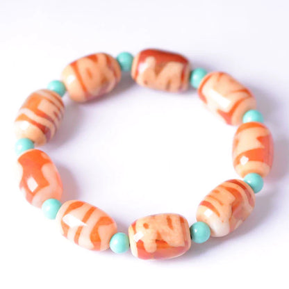 Tibetan Red and White Dzi Beads Bracelet with Turquoise Round Beads Old Agate Bracelet Random Totems