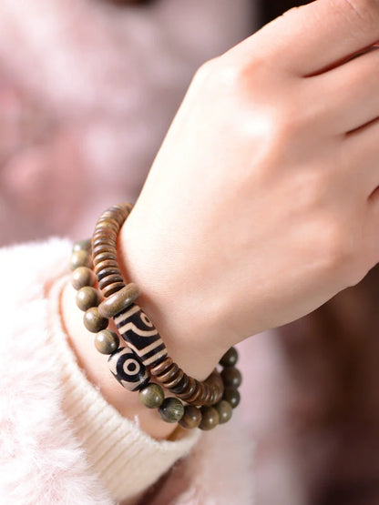 Green Sandalwood Tibetan Dzi Bead Charm Bracelet Prayer Beads