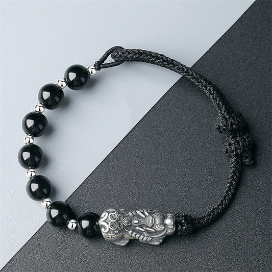 Natural Obsidian Hand-woven Boys Silver Pixiu Feng Shui Bracelet - Touch Bling
