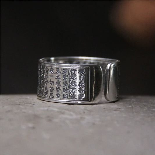 Pure Silver Heart Sutra Ring Women's Tibetan Body Protection Safety Opening Jewelry S999 Sterling Silver Retro Ring - Touch Bling