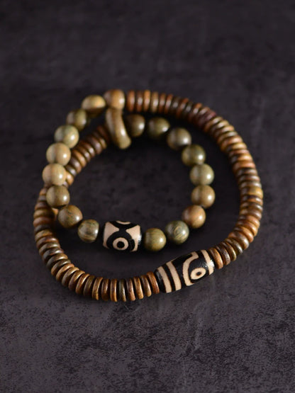 Green Sandalwood Tibetan Dzi Bead Charm Bracelet Prayer Beads