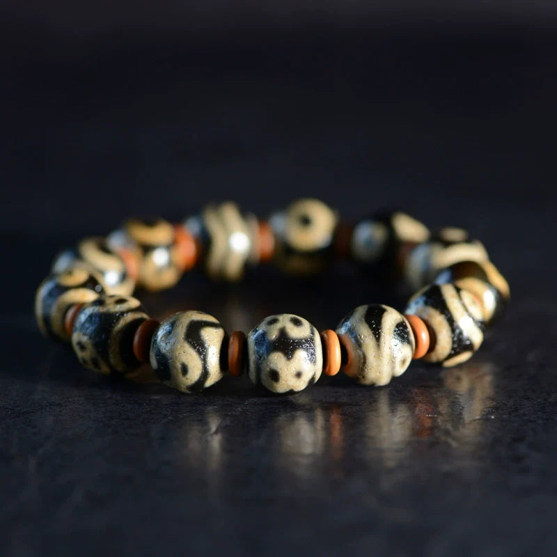 Dallow Dzi Bead Bracelet Tibetan Old Agate Round Beads High Oil Weathered 14mm Men's - Touch Bling