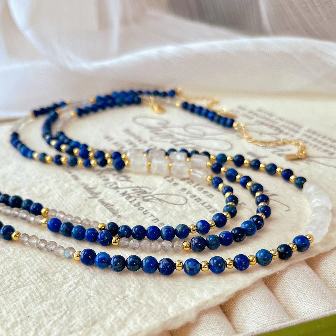 Vintage Natural Lapis Lazuli Necklace White Crystal Gray Moonstone Clavicle Chain Necklace - Touch Bling