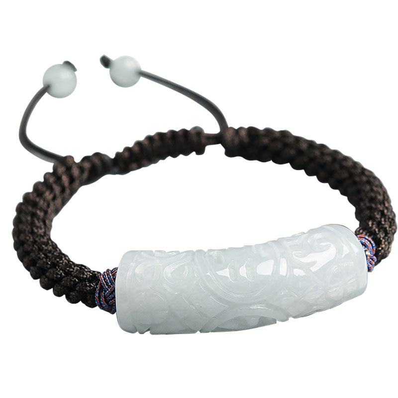 Natural Myanmar Grade A Jade Curved Bar Bracelet – Handmade with Good Fortune and Longevity Carvings - Touch Bling