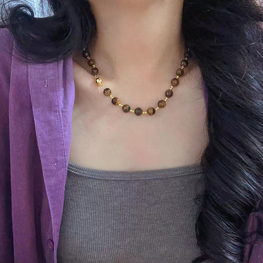 Vintage Boutique 8mm Maillard Style Natural Tiger's Eye Stone Clavicle Chain Necklace - Touch Bling