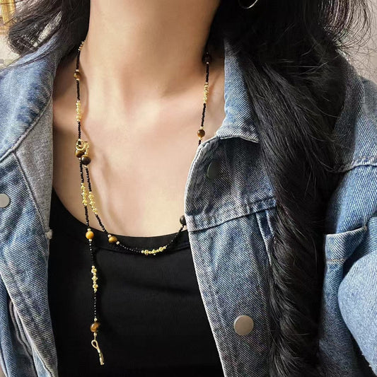 Vintage Natural Tiger's Eye Stone Artificial Crystal Pearl Necklace Clavicle Chain Necklace - Touch Bling