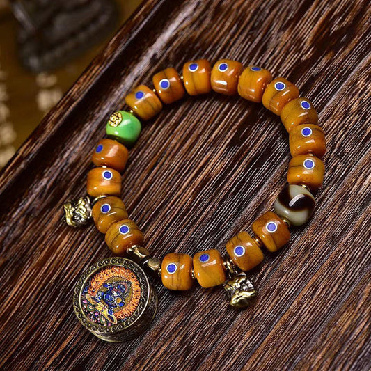 Tibetan Old Silver and Lapis Lazuli Inlaid Bracelet with Small Tangka Pendant – Tibetan Yak Bone Bracelet - Touch Bling