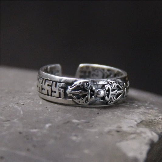 S925 Sterling Silver Six-Character Mantra Vajra Pestle Ring, Adjustable Opening - Touch Bling